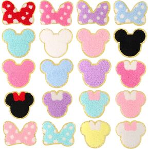 20 Pcs Chenille Mouse Patches, EVERMARKET Cute Iron on Mouse Head Bows Patches Chenille Embroidered Applique Patch for Clothing Sew on Glitter Trimmed Mouse Decorative Patch for DIY Decors