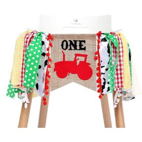 WAOUH Farm High Chair Banner for 1st Birthday - First Baby Birthday Party Theme Decoration, Fabric Garland Cake Smash Photo Prop,Birthday Souvenir and Gifts (Red Birthday Banner)