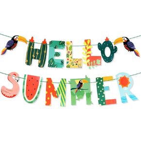 HOWAF Hello Summer Banner, Tropical Flamingo Parrot Theme Summer Beach Pool Party Decorations, Hello Summer Decorations for Home Office, Hello Summer Birthday Party Decorations