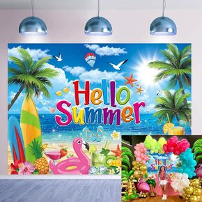 Summer Hawaiian Beach Backdrop 7x5FT Hello Summer Banner Summer Beach Pool Party Background for Photography Tropical Beach Hawaiian Party Decorations Photo Props