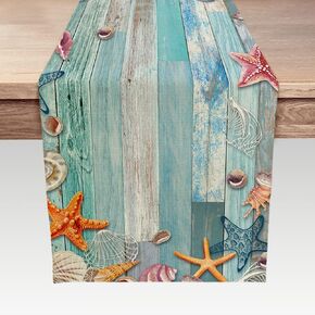 Beach Table Runner, Summer Ocean Beach Seashell Starfish Table Runner for Kitchen, Coastal Nautical Linen Non-Slip Dining Table Runners for Family Dinner/Wedding/Outdoor Indoor Party