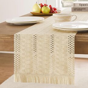 Macrame Style Table Runner with Short Tassels, 12x36 Inch Ivory, Farmhouse Table Runners 36 Inches Long, Boho Woven Home Decor