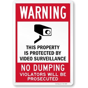 SmartSign "Warning - This Property Is Protected By Video Surveillance, Violators Prosecuted" No Dumping Metal Sign with Symbol, 14 x 10 inch, 40 mil Laminated Rustproof Aluminum, Red/Black on White