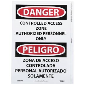 NMC ESD695RB Bilingual OSHA Sign, Legend "DANGER - CONTROLLED ACCESS ZONE AUTHORIZED PERSONNEL ONLY", 10" Length x 14" Height, Rigid Plastic, Black/Red on White