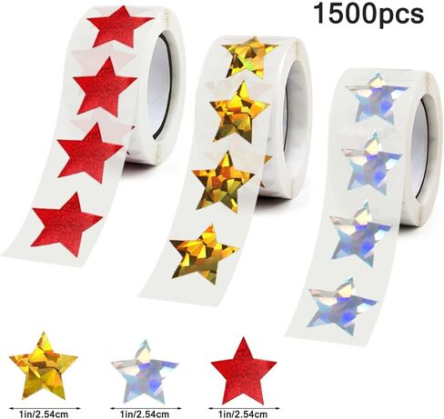 1500 ملصق لامع ثلاثي الأبعاد، ملصقات من رقائق النجمة الصغيرة مقاس 1 بوصة لمخططات السلوك، ومكافآت الأطفال ومعلمي الفصل الدراسي (نجمة ذهبية، نجمة فضية، نجمة حمراء) in Kuwait
