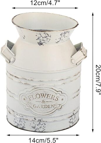 Suwimut 2 حزمة مزهرية زهرة معدنية ريفية، 7.9 بوصة رث شيك خمر مزرعة زهرة بيضاء إبريق زهرية، الحليب المجلفن يمكن دلاء ديكور ريفي مع مقبض للديكور المنزل in Kuwait