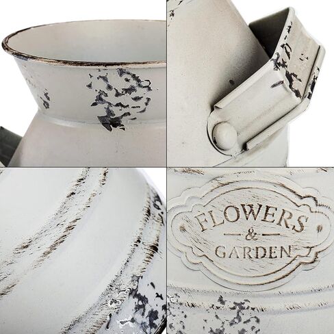 Suwimut 2 حزمة مزهرية زهرة معدنية ريفية، 7.9 بوصة رث شيك خمر مزرعة زهرة بيضاء إبريق زهرية، الحليب المجلفن يمكن دلاء ديكور ريفي مع مقبض للديكور المنزل in Kuwait