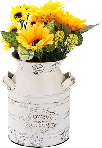 Suwimut 2 حزمة مزهرية زهرة معدنية ريفية، 7.9 بوصة رث شيك خمر مزرعة زهرة بيضاء إبريق زهرية، الحليب المجلفن يمكن دلاء ديكور ريفي مع مقبض للديكور المنزل in Kuwait