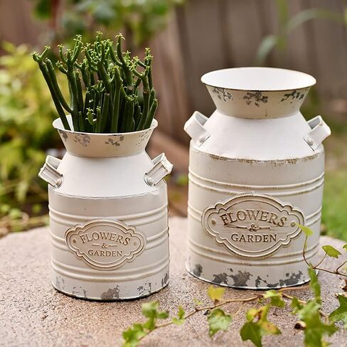 Suwimut 2 حزمة مزهرية زهرة معدنية ريفية، 7.9 بوصة رث شيك خمر مزرعة زهرة بيضاء إبريق زهرية، الحليب المجلفن يمكن دلاء ديكور ريفي مع مقبض للديكور المنزل in Kuwait