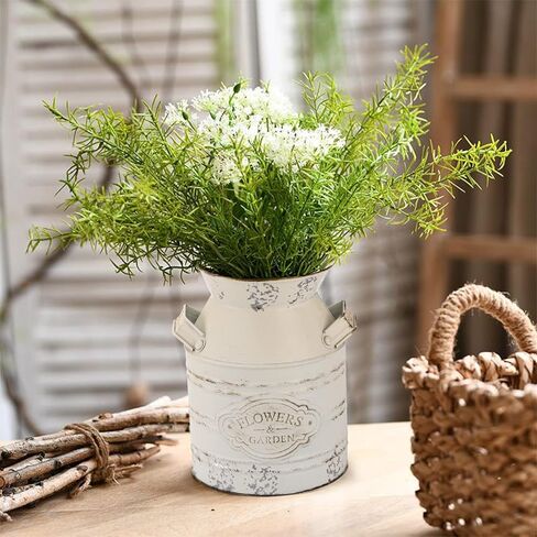 Suwimut 2 حزمة مزهرية زهرة معدنية ريفية، 7.9 بوصة رث شيك خمر مزرعة زهرة بيضاء إبريق زهرية، الحليب المجلفن يمكن دلاء ديكور ريفي مع مقبض للديكور المنزل in Kuwait