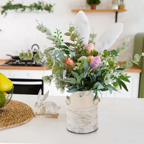 Suwimut 2 حزمة مزهرية زهرة معدنية ريفية، 7.9 بوصة رث شيك خمر مزرعة زهرة بيضاء إبريق زهرية، الحليب المجلفن يمكن دلاء ديكور ريفي مع مقبض للديكور المنزل in Kuwait