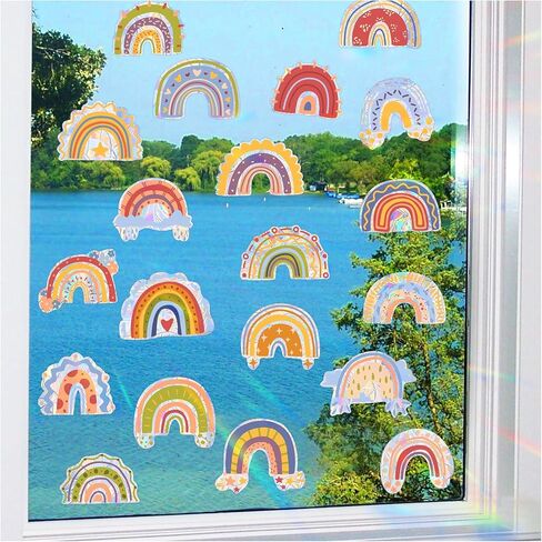 Rainbow Window Clings 25 Pieces Colorful Rainbow Window Stickers Double-Side Sun Catcher Stickers Rainbow Window Clings for Glass Windows Wall Home Office Playroom Bedroom Classroom Decor in Kuwait