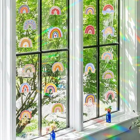 Rainbow Window Clings 25 Pieces Colorful Rainbow Window Stickers Double-Side Sun Catcher Stickers Rainbow Window Clings for Glass Windows Wall Home Office Playroom Bedroom Classroom Decor in Kuwait