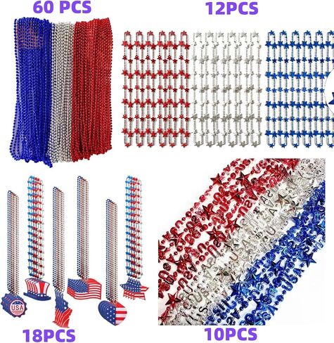 100 Pcs 4th of July Beads Bulk, Metallic Red Bule Silver Patriotic Star Bead Necklaces for 4th of July Independence Day, Patriotic Parade, Carnival Decoration in Saudi Arabia