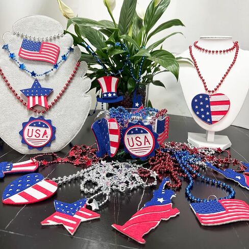 100 Pcs 4th of July Beads Bulk, Metallic Red Bule Silver Patriotic Star Bead Necklaces for 4th of July Independence Day, Patriotic Parade, Carnival Decoration in Saudi Arabia