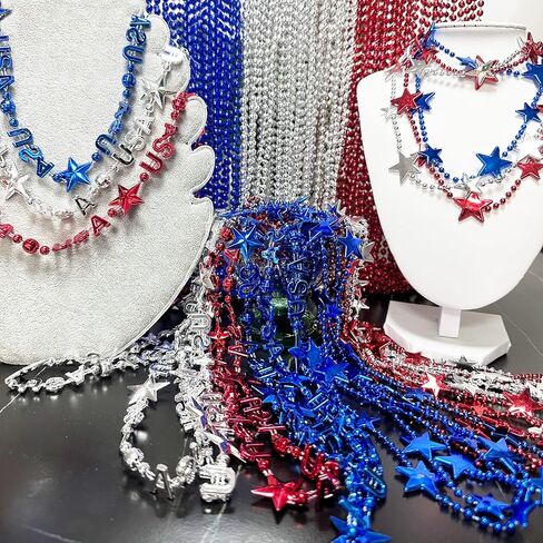 100 Pcs 4th of July Beads Bulk, Metallic Red Bule Silver Patriotic Star Bead Necklaces for 4th of July Independence Day, Patriotic Parade, Carnival Decoration in Saudi Arabia