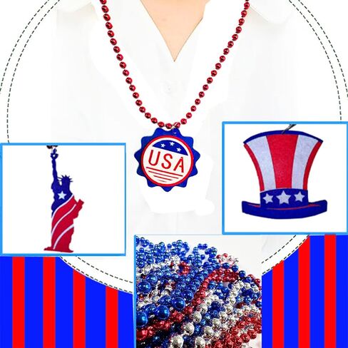 100 Pcs 4th of July Beads Bulk, Metallic Red Bule Silver Patriotic Star Bead Necklaces for 4th of July Independence Day, Patriotic Parade, Carnival Decoration in Saudi Arabia