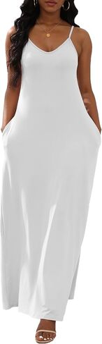 Women's Maxi Dresses V-Neck Adjustable Spaghetti Strap Sleeveless Dress Plus Size with Pockets in Saudi Arabia