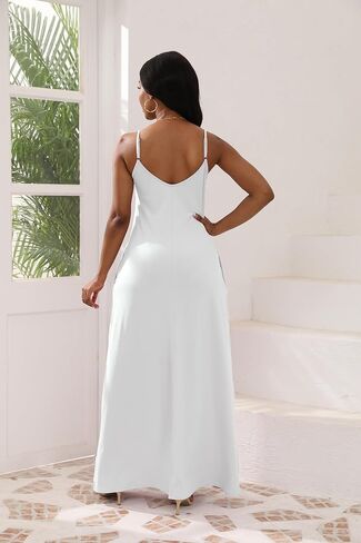Women's Maxi Dresses V-Neck Adjustable Spaghetti Strap Sleeveless Dress Plus Size with Pockets in Saudi Arabia