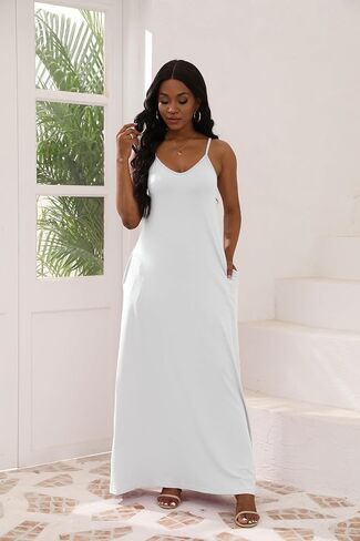 Women's Maxi Dresses V-Neck Adjustable Spaghetti Strap Sleeveless Dress Plus Size with Pockets in Saudi Arabia
