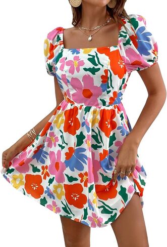 Verdusa Women's Boho Short Sleeve Dress Floral Print Square Neck Puff Sleeve Mini Dress in Saudi Arabia