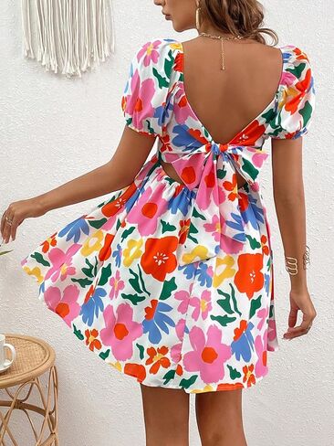 Verdusa Women's Boho Short Sleeve Dress Floral Print Square Neck Puff Sleeve Mini Dress in Saudi Arabia