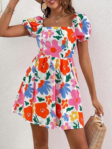 Verdusa Women's Boho Short Sleeve Dress Floral Print Square Neck Puff Sleeve Mini Dress in Saudi Arabia