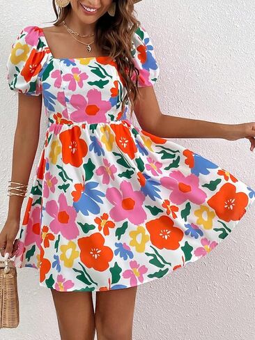 Verdusa Women's Boho Short Sleeve Dress Floral Print Square Neck Puff Sleeve Mini Dress in Saudi Arabia