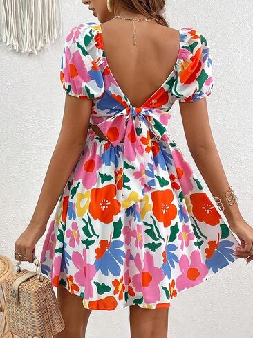 Verdusa Women's Boho Short Sleeve Dress Floral Print Square Neck Puff Sleeve Mini Dress in Saudi Arabia