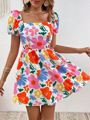 Verdusa Women's Boho Short Sleeve Dress Floral Print Square Neck Puff Sleeve Mini Dress in Saudi Arabia