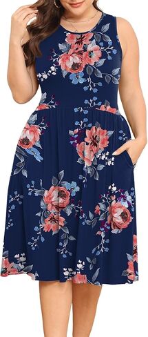 فستان نسائي مقاس كبير من POSESHE موضة صيف 2024 برقبة دائرية بدون أكمام وخصر إمبراطوري غير رسمي فستان فضفاض مناسب مع جيوب in Kuwait