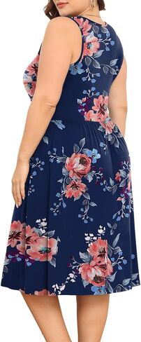 فستان نسائي مقاس كبير من POSESHE موضة صيف 2024 برقبة دائرية بدون أكمام وخصر إمبراطوري غير رسمي فستان فضفاض مناسب مع جيوب in Kuwait