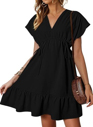 BLENCOT Womens Summer Dresses Short Sleeve V Neck Drawstring Casual Flowy Ruffle A-Line Swing Mini Babydoll Shift Tunic Dress in Saudi Arabia