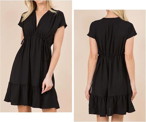 BLENCOT Womens Summer Dresses Short Sleeve V Neck Drawstring Casual Flowy Ruffle A-Line Swing Mini Babydoll Shift Tunic Dress in Saudi Arabia