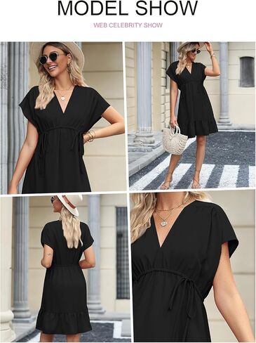 BLENCOT Womens Summer Dresses Short Sleeve V Neck Drawstring Casual Flowy Ruffle A-Line Swing Mini Babydoll Shift Tunic Dress in Saudi Arabia
