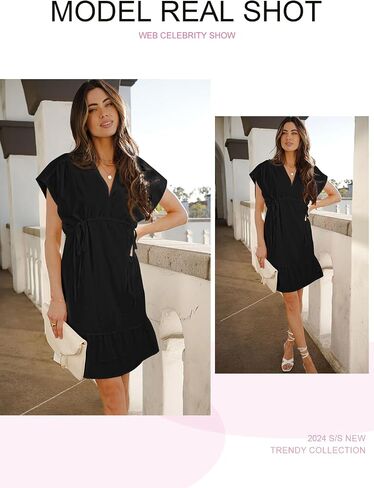 BLENCOT Womens Summer Dresses Short Sleeve V Neck Drawstring Casual Flowy Ruffle A-Line Swing Mini Babydoll Shift Tunic Dress in Saudi Arabia
