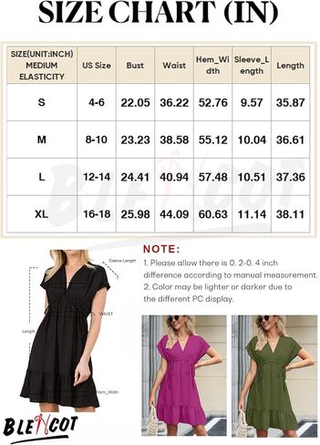 BLENCOT Womens Summer Dresses Short Sleeve V Neck Drawstring Casual Flowy Ruffle A-Line Swing Mini Babydoll Shift Tunic Dress in Saudi Arabia