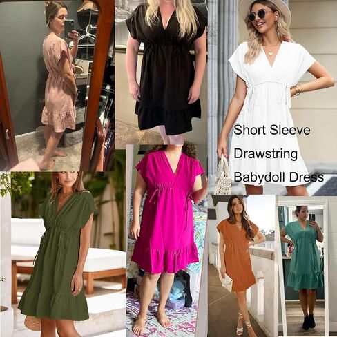 BLENCOT Womens Summer Dresses Short Sleeve V Neck Drawstring Casual Flowy Ruffle A-Line Swing Mini Babydoll Shift Tunic Dress in Saudi Arabia