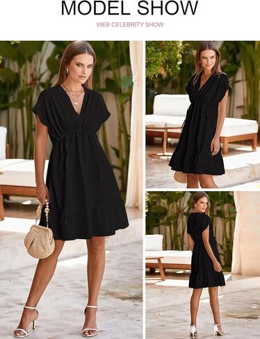 BLENCOT Womens Summer Dresses Short Sleeve V Neck Drawstring Casual Flowy Ruffle A-Line Swing Mini Babydoll Shift Tunic Dress in Saudi Arabia