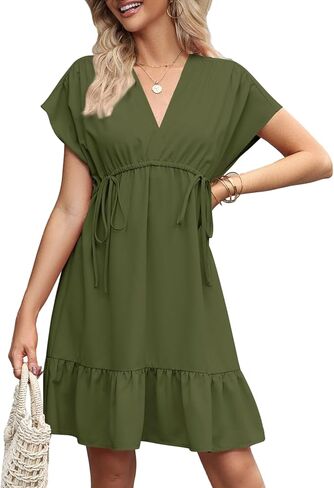فساتين الصيف النسائية من BLENCOT بأكمام قصيرة وفتحة رقبة على شكل V ورباط كاجوال وكشكشة على شكل حرف a سوينغ فستان بيبي دول قصير in Kuwait