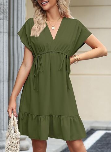 فساتين الصيف النسائية من BLENCOT بأكمام قصيرة وفتحة رقبة على شكل V ورباط كاجوال وكشكشة على شكل حرف a سوينغ فستان بيبي دول قصير in Kuwait