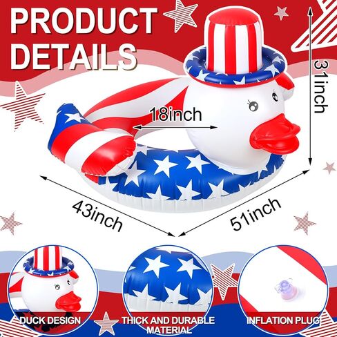 ShinyRelief 43'' 4th of July Giant Duck Swimming Ring Inflatable Animal Pool Float Patriotic Swim Tube Ring American Flag Duck Inflatable Raft for Adult Outdoor Summer Pool in Saudi Arabia