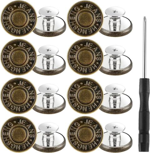 16 Pcs Jeans Buttons Replacement, 17 mm No-Sew Buttons for Jeans Pants Button Tightener Pins Replacement Repair Kit with Threads Rivets and Screwdriver in Saudi Arabia