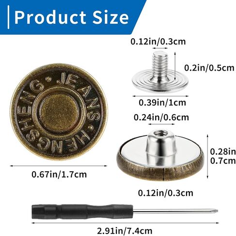 16 Pcs Jeans Buttons Replacement, 17 mm No-Sew Buttons for Jeans Pants Button Tightener Pins Replacement Repair Kit with Threads Rivets and Screwdriver in Saudi Arabia