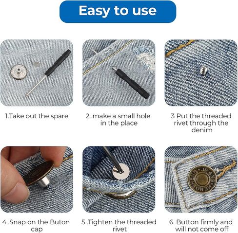 16 Pcs Jeans Buttons Replacement, 17 mm No-Sew Buttons for Jeans Pants Button Tightener Pins Replacement Repair Kit with Threads Rivets and Screwdriver in Saudi Arabia