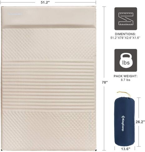 KingCamp Sleeping Pad, Double/Single Self Inflating Mat Air Mattress for Camping, Lightweight Compact Foam Pads for Outdoor Backpacking Tent Traveling Hiking, Built-in/Detached Pillows & Storage Bag in Saudi Arabia