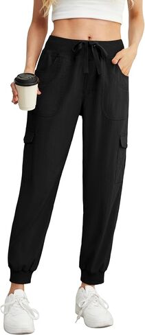 بنطلون نسائي من GRECERELLE خفيف الوزن بخصر مطاطي مع جيوب بأزرار للصيف والمشي لمسافات طويلة والركض والسفر in Kuwait