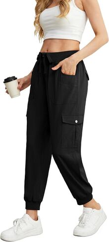 بنطلون نسائي من GRECERELLE خفيف الوزن بخصر مطاطي مع جيوب بأزرار للصيف والمشي لمسافات طويلة والركض والسفر in Kuwait