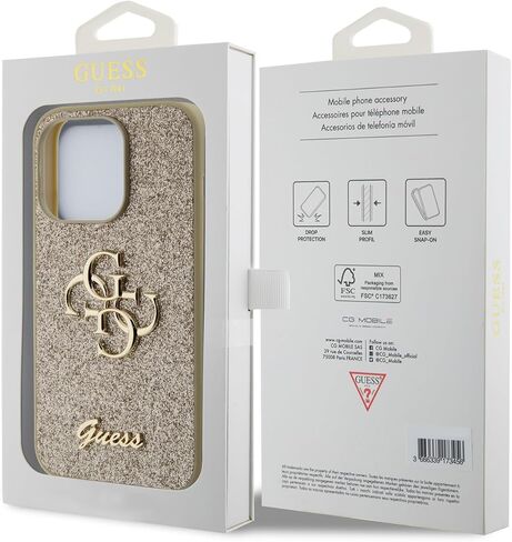 CG MOBILE Guess - حافظة هاتف متوافقة مع iPhone 15 Pro PU CASE ثابتة لامعة مع شعار معدني كبير 4G - أسود in Kuwait