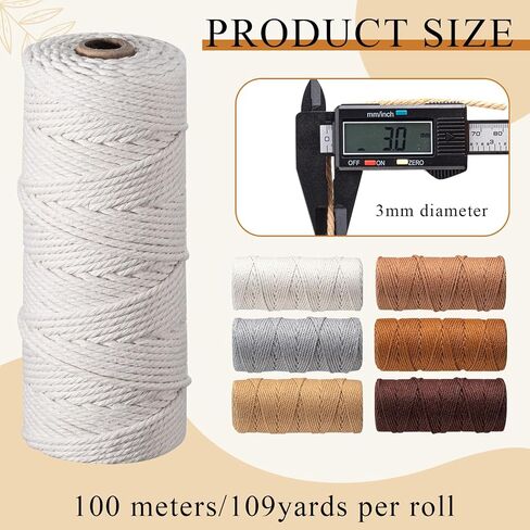 Menkxi 6 Rolls 3 mm x 109 Yards Macrame Cord Cotton Rope Multicolored Macrame String 4 Strand Twisted for Wall Hanging, Plant Hangers, Christmas Crafts, DIY Knitting Macrame Supplies (Beige Series) in Saudi Arabia
